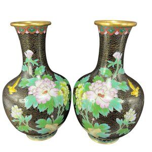 Vintage Chinese Cloisonne Enamel Muticolor Detailed Large Vase Vessel Set 2 VTG